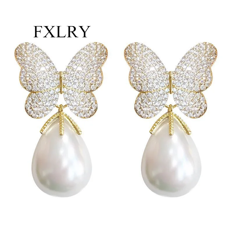 

FXLRY luxurious multicolor zircon butterfly and white irregular pearl drop earring for women wedding