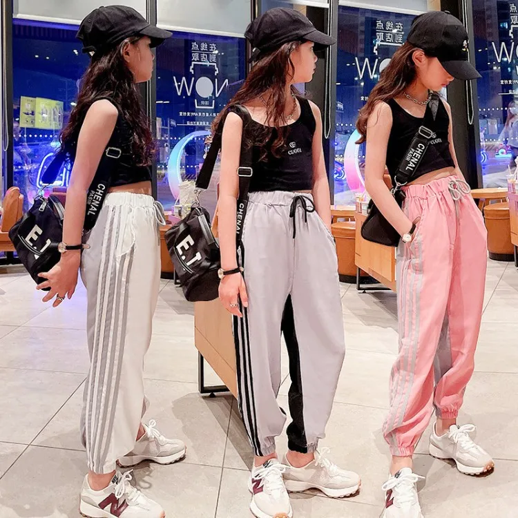 

Полосатые легкие повседневные брюки для девочек в Корейском стиле с блокировкой цветов, одежда на весну и лето 2022, новый модный стиль