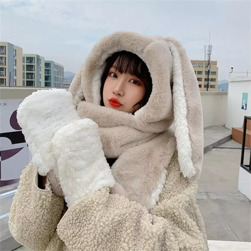 Hat Scarf Gloves Women Cute Cotton Plush Warm Rabbit Ear Caps Windproof Soft Thickening Pocket Hats