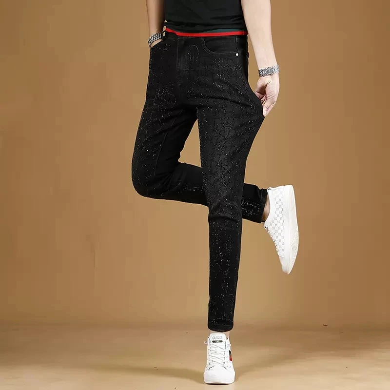 Autumn New Men Black Jeans Fashion Rhinestone Slim Fit Straight Pants Streetwear Casual Cotton Stretch Denim Trousers
