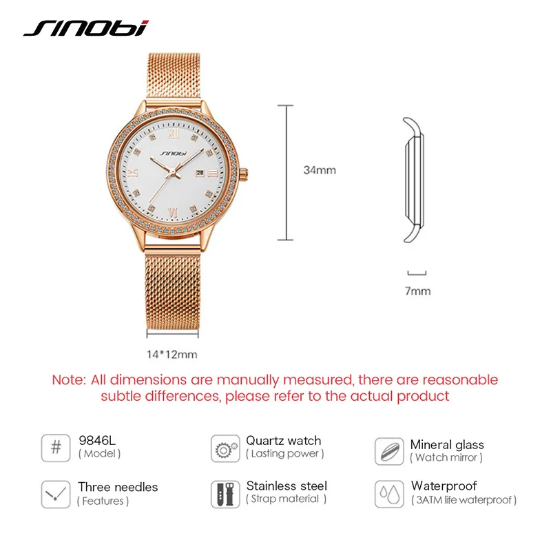 

Luxury SINOBI Stainless Fashion Leather Women Watches Steel Mesh Strap Stylish Women Quartz Wristwatch with Calendar Girl Watch