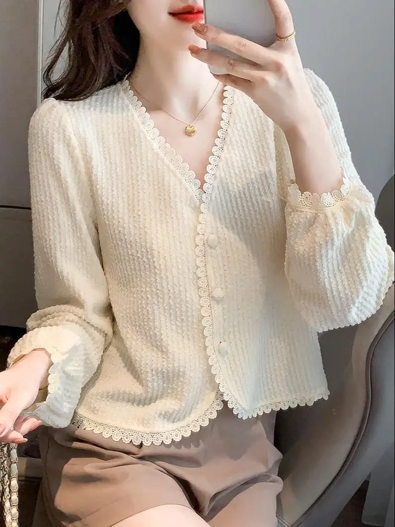 

Однобортная короткая женская рубашка с V-образным вырезом, вязаная внутренняя одежда, блузка с длинным рукавом, Женская кружевная короткая ...