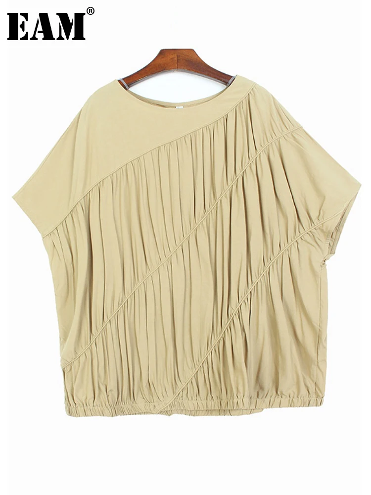 

[EAM] Women Khaki Pleated Elegant Big Size T-shirt New Round Neck Batwing Sleeve Fashion Tide Spring Summer 2023 1DF7246