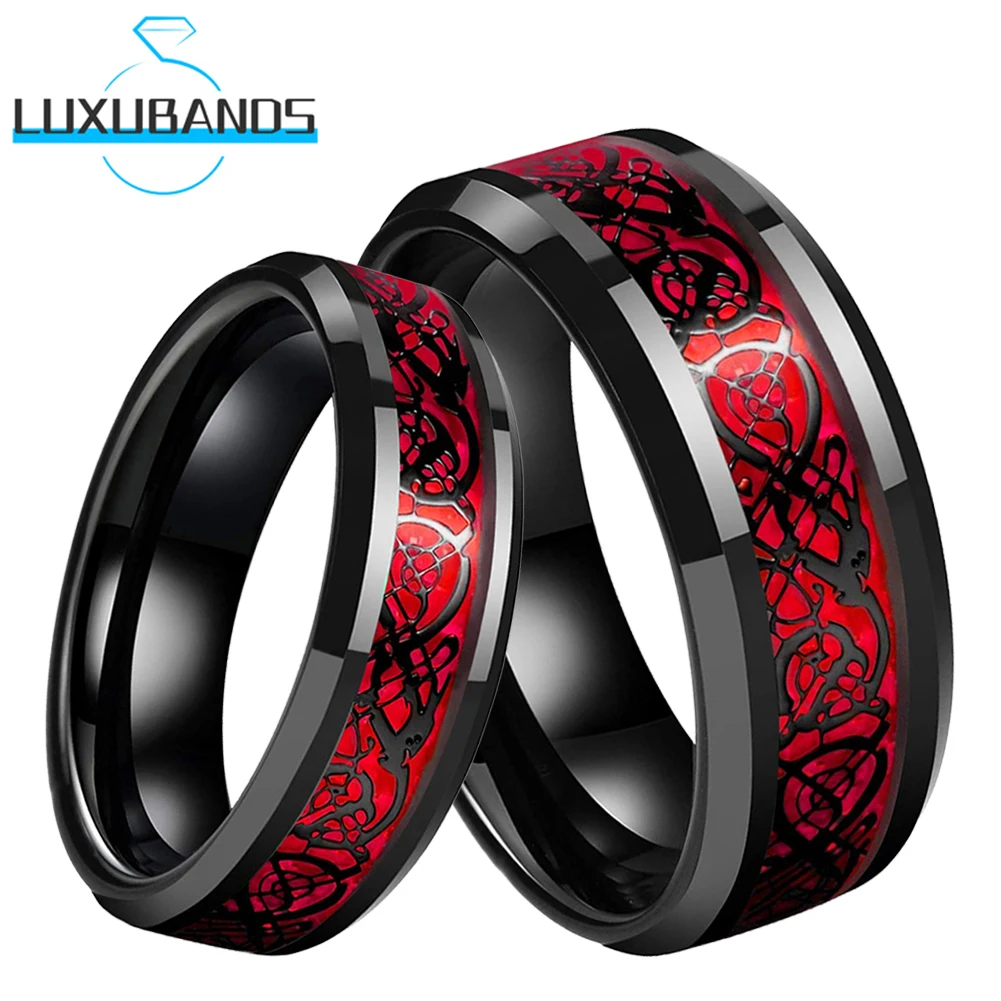 

Tungsten Wedding Couple Ring For Men Women 8mm 6mm Beveled Edges Green Red Opal Black Dragon Inlay Polished Finish Comfort Fit