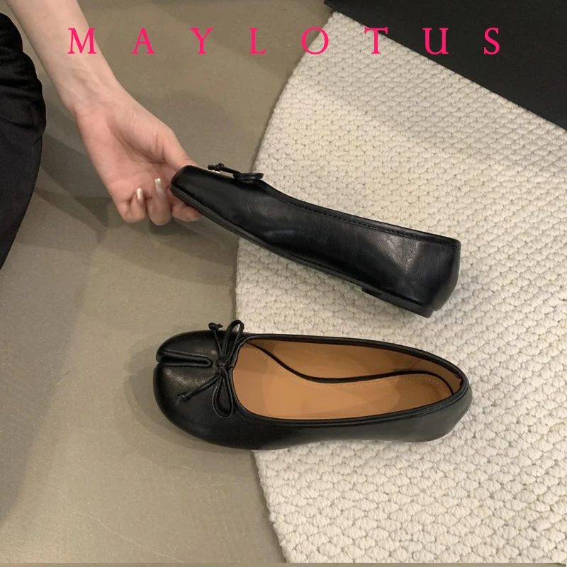 Балетки женские с бантом мягкая кожа без застежки плоская подошва разрезом