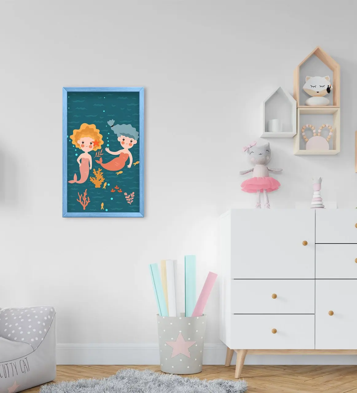 

BK Home Mermaids Design Decorative Blue Wood Framed Kids Room Tablo-1