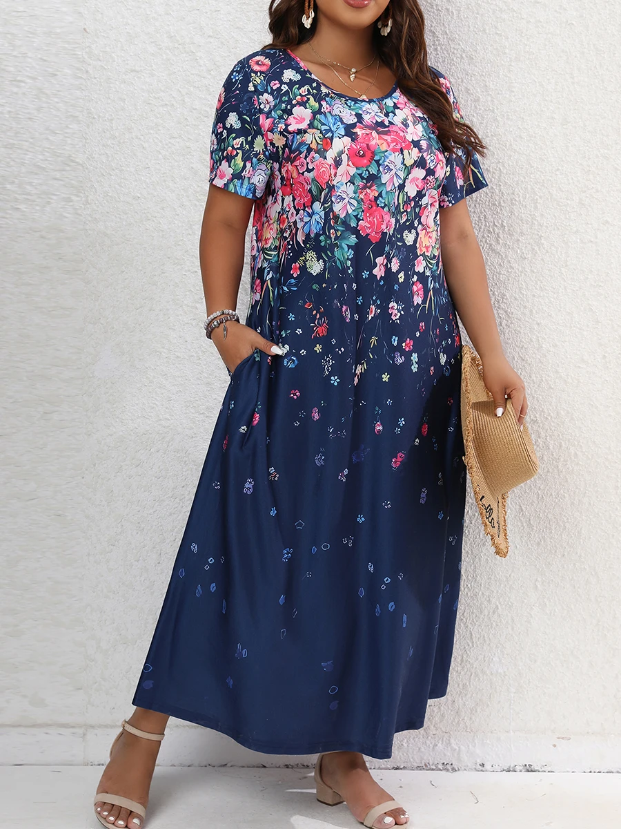 Finjani Women‘s Dress Crewneck Retro Floral Print Fashion Dresses Summer Colorblock  2023 Plus Size Dress