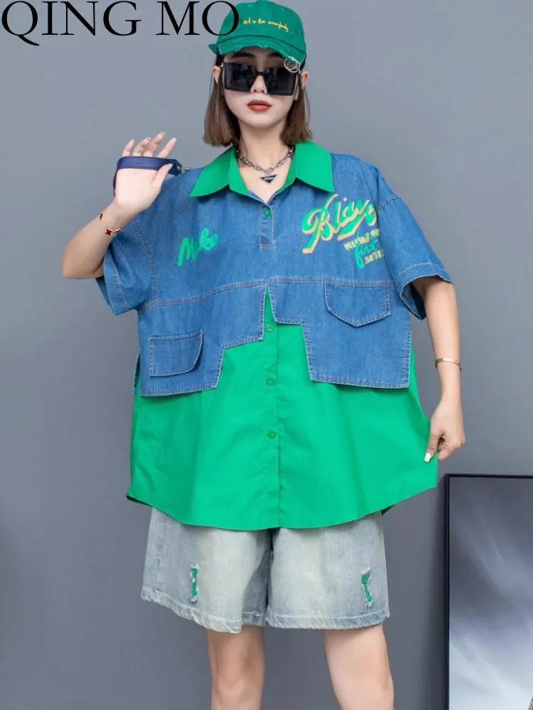

Женская джинсовая футболка QING MO, футболка с коротким рукавом и воротником-поло, модель ZXF2843 на лето, 2023