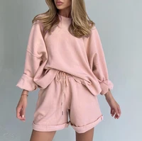 women y2k long sleeve suits spring new fashion round neck solid color top loose shorts two piece set casual suit sweater