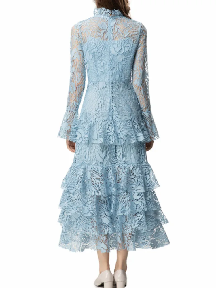 QMQA модные женские однотонные кружевные платья с воротником-стойкой элегантное