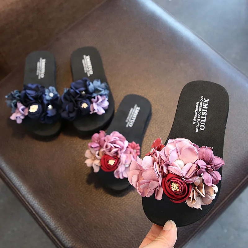 

Fashion Artificial Flower Slipper Baby Girl Beach Shoes Summer Non-slip Kids Shoes Soft Bottom Children Slippers Flats Black