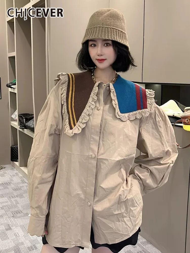 

CHICEVER Лоскутная цветная рубашка с воротником для женщин с отворотом и длинным рукавом, вязанная Повседневная Блузка, женская летняя модная одежда