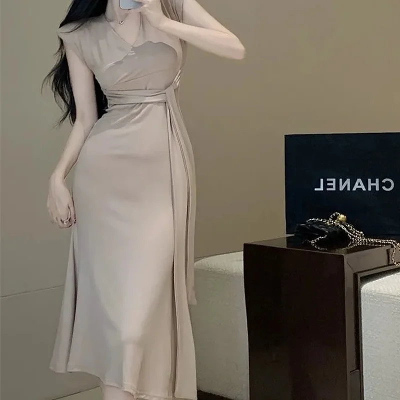 

Sheath Lapel Lace Up Sleeveless Y2k Long Dress Women Fashon Summer Korean Solid Black Street Party Club Dresses Vestidos