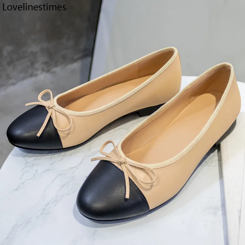 

Ballet Low Heels Shoes Woman Basic 2022 Two Color Splicing Round Toe Leather Bow Classic Tweed Cloth Work Shoes Women Shoes Pump