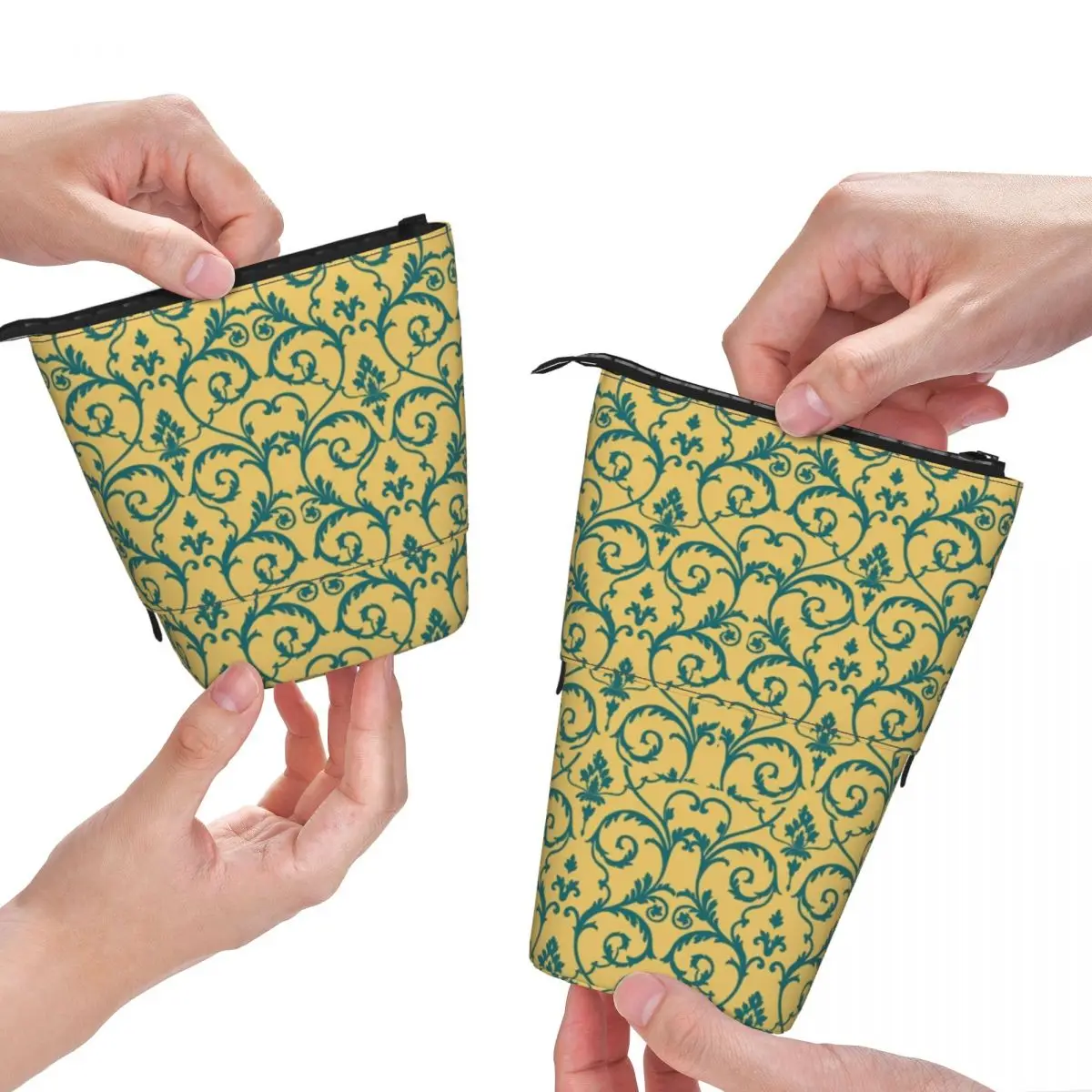

Baroque Floral Fold Pencil Case Gold Blue Teens Simple Standing Pencil Box Stationery Pen Bag