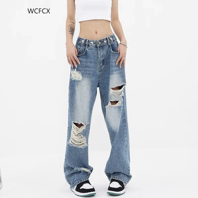 

WCFCX STUDIO Ripped High Waist Jeans for women Vintage Y2k Straight Denim Trousers Streetwear Hole Hip Hop Pant Harajuku Jeans