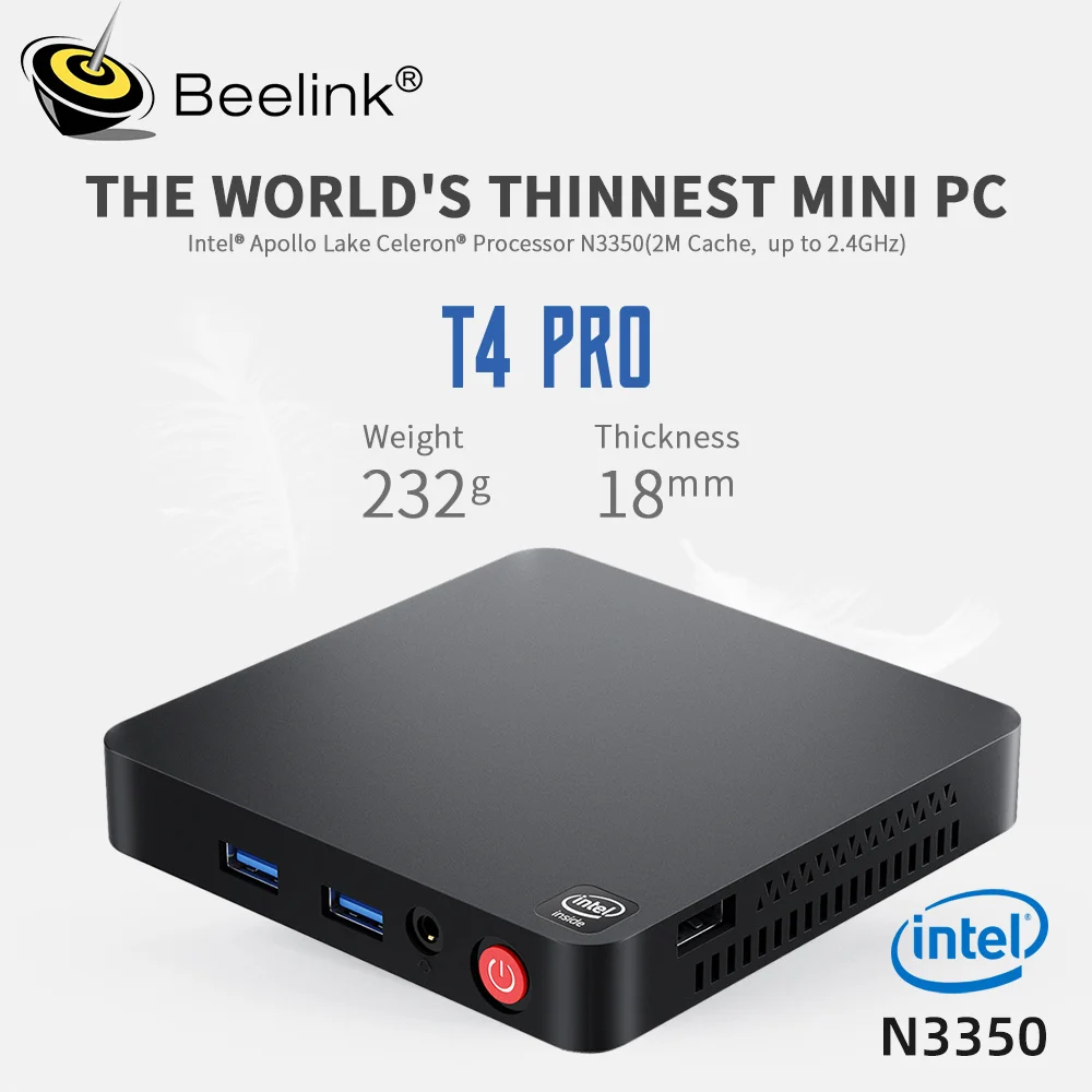 Beelink T4 Windows 10 Pro Mini PC Intel Apollo Lake Processor N3350 Mini PC HTPC With 4GB RAM 64GB ROM, USB 3.0, 2*HD-MI AC WIFI