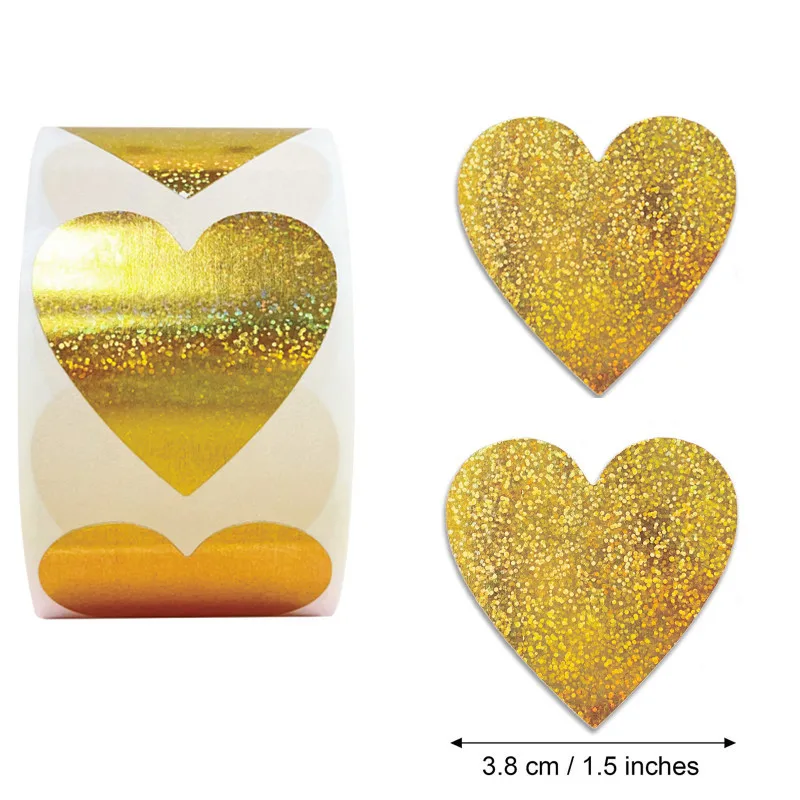 1/1.5inch 100-500pcs Holographic Laser Heart Gift Stickers for Valentine's Day Gold Sparkling Labels Wedding Party Love |