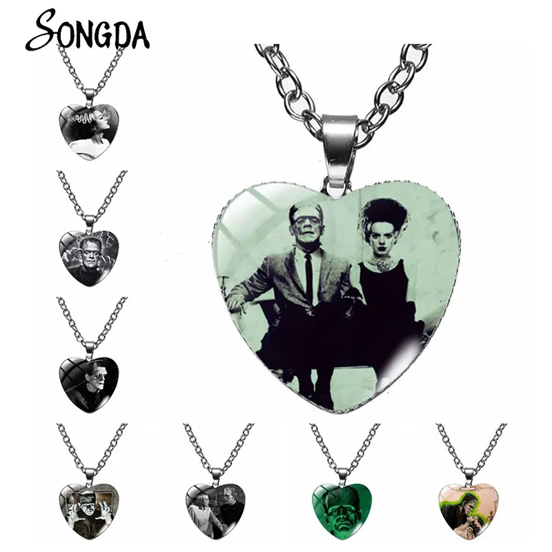 

Frankenstein Heart Pendant Necklace Bride of Frankenstein Necklaces Glass Cabochon Neck Chain Jewelry Accessories Unisex Gift