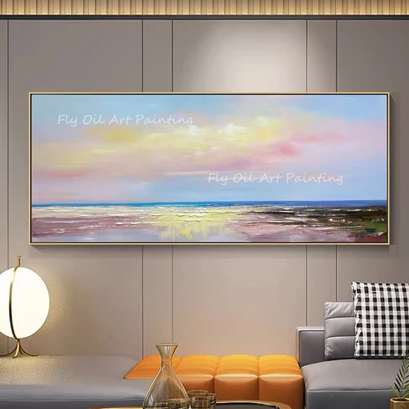 

100% Handmade colorful landscape sky rainbow colorful seaside thick knife artwork Oil Painting For Living Room Decoration Gift