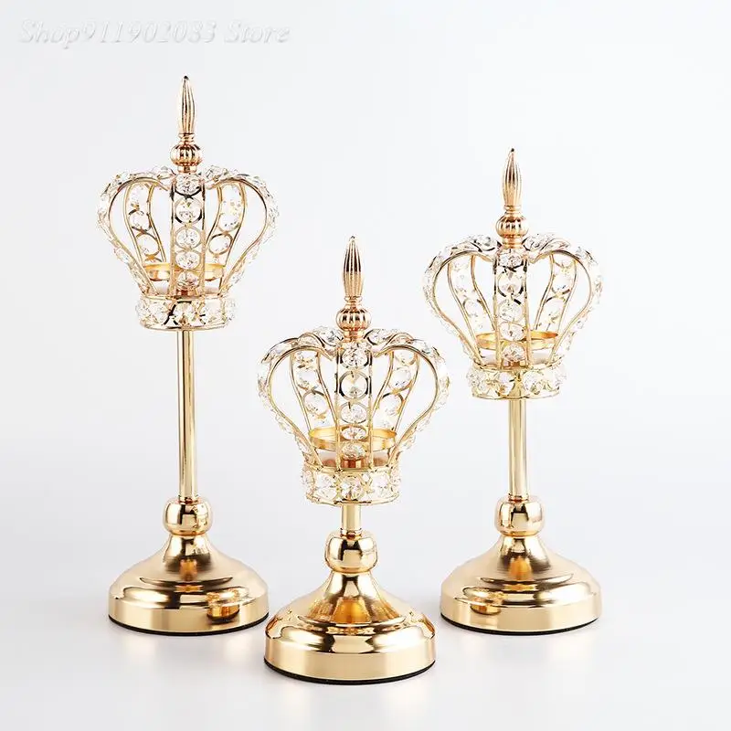

Crystal Candle Holder Hollow Out Golden Crown Wedding Center Accessories Centerpieces Dining Table Decor Candle Holders