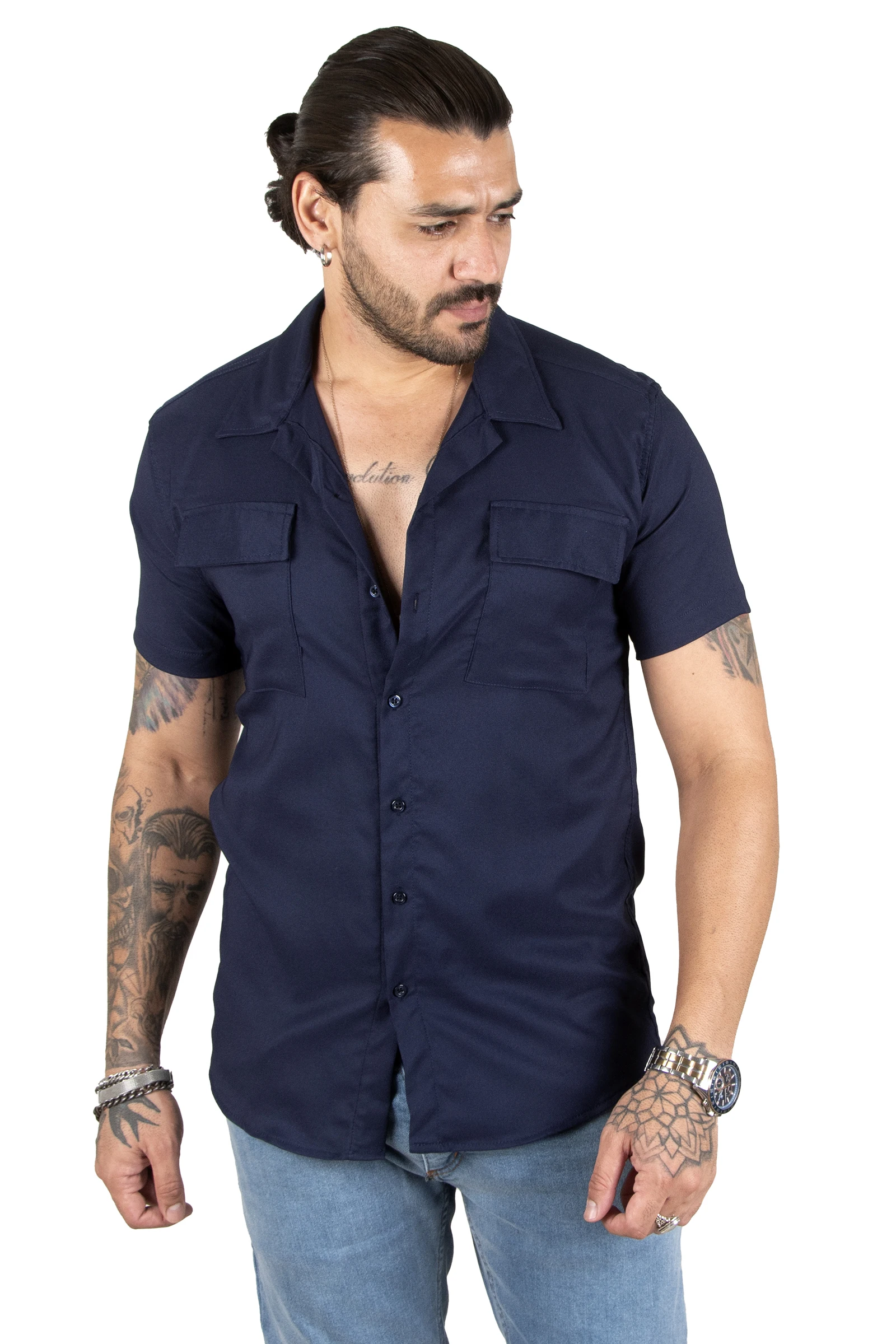 DeepSEA Narrow Cut Lycra Double Flap Pockets Short Sleeve Male Shirt 2201922