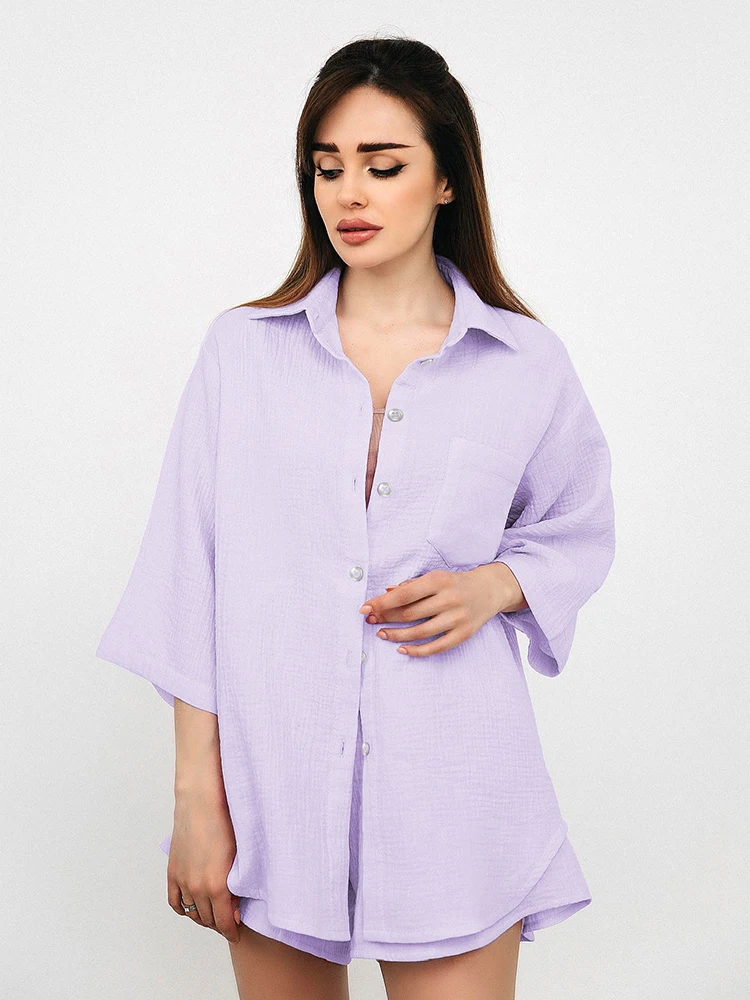 

Хлопковая одежда для сна Hiloc, пижамный комплект с рукавом три четверти, однобортная одежда для отдыха с карманами, повседневные весенние кор...