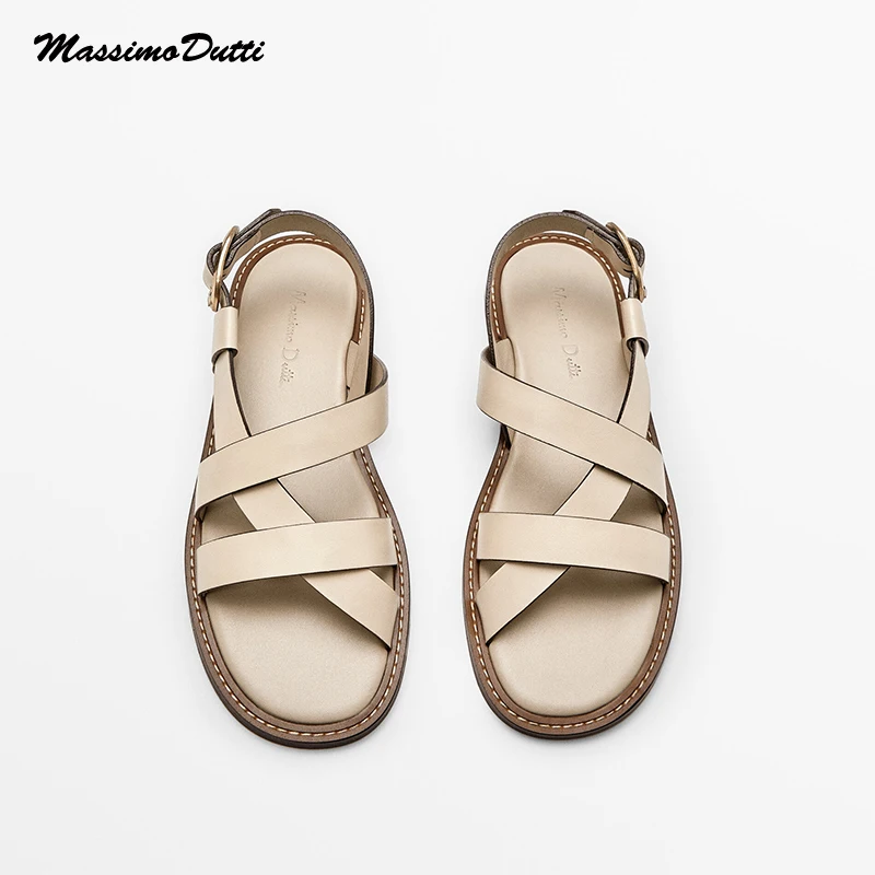 

LEIMEICHEN Ladies Roman Sandals Summer Spring/Summer 2022 New Products Beige Strap Leather Vintage Flat Sandals