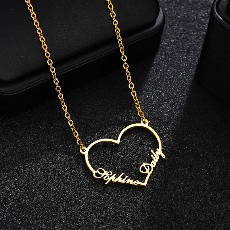 

New Customized Fashion Stainless Steel Name 2 Name Heart Necklace Letter Gold Choker Necklace Pendant Gift Custom Name Necklace