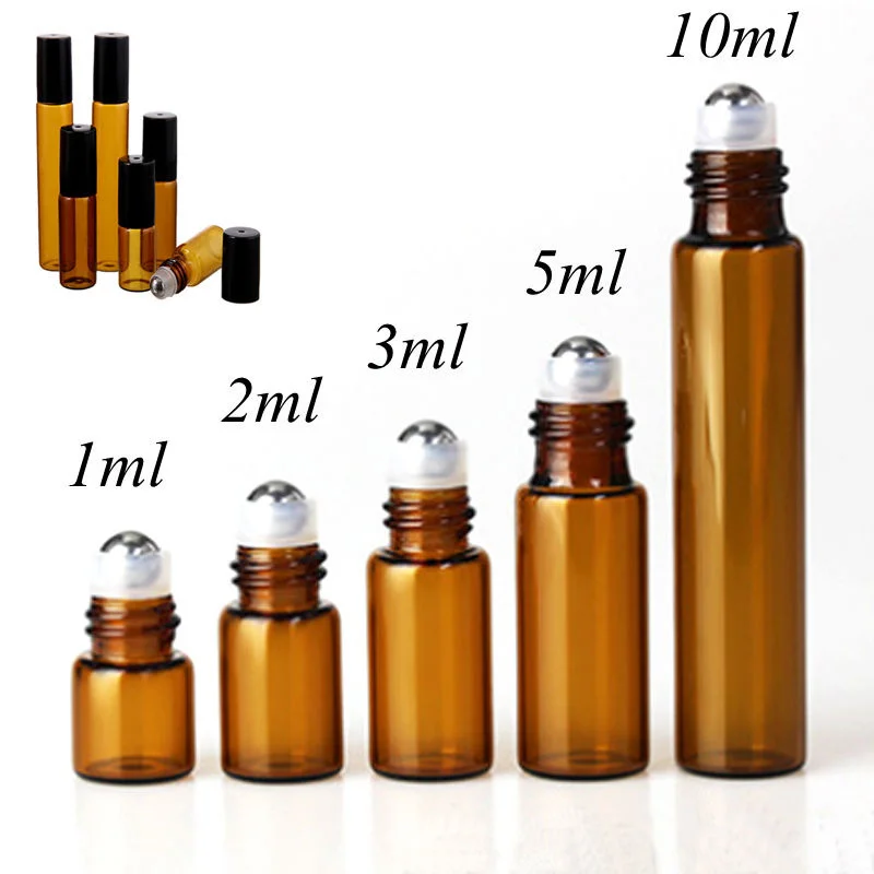 

5pcs 3ML 5ML 10ML Amber Roll glass On Roller Bottle with Stainless Steel Refillable Essential Oils Perfume Bottles Containers