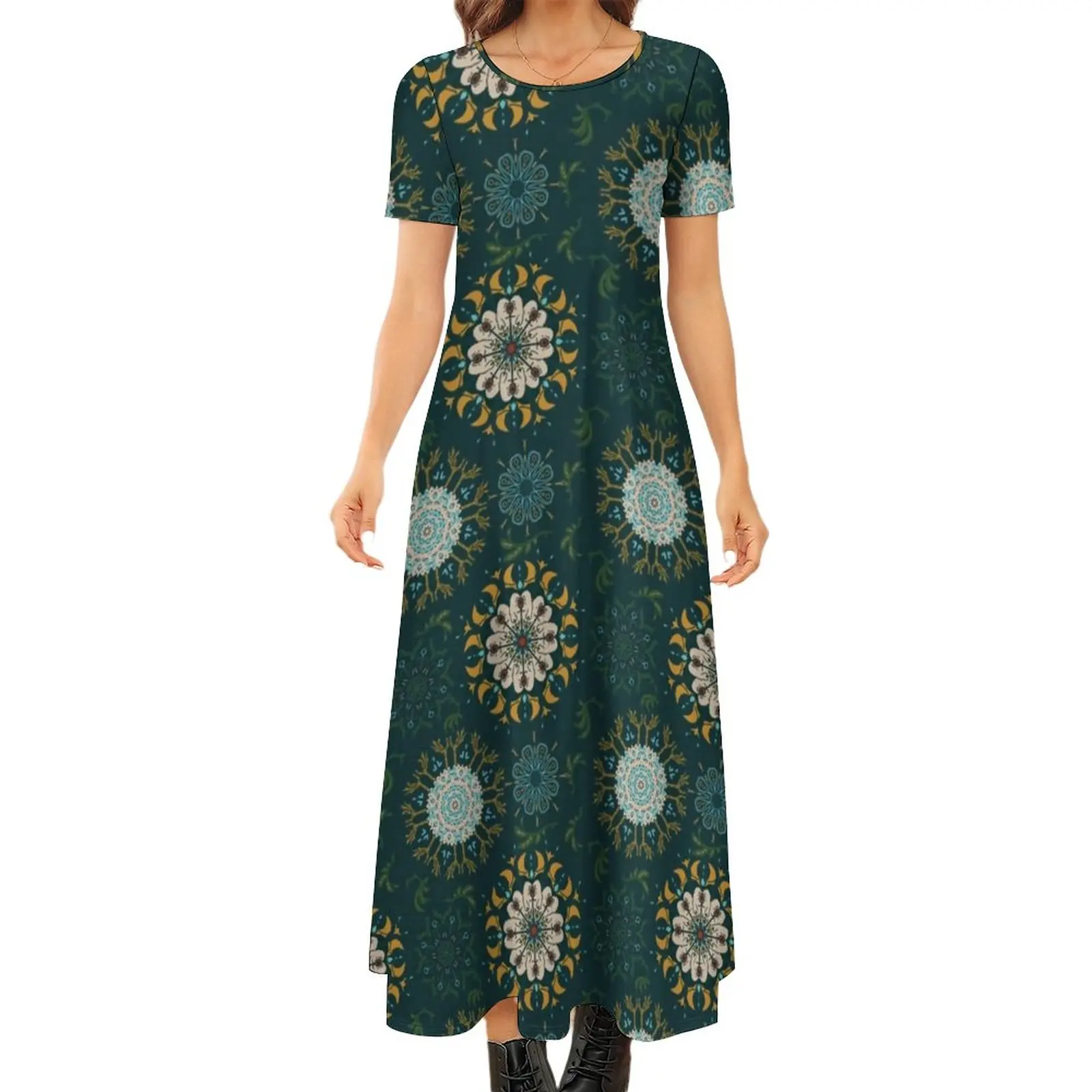

Aves Mandala Dress Retro Bohemia Print Trendy Maxi Dress Short Sleeve Korean Fashion Bohemia Long Dresses Women Big Size Clothes