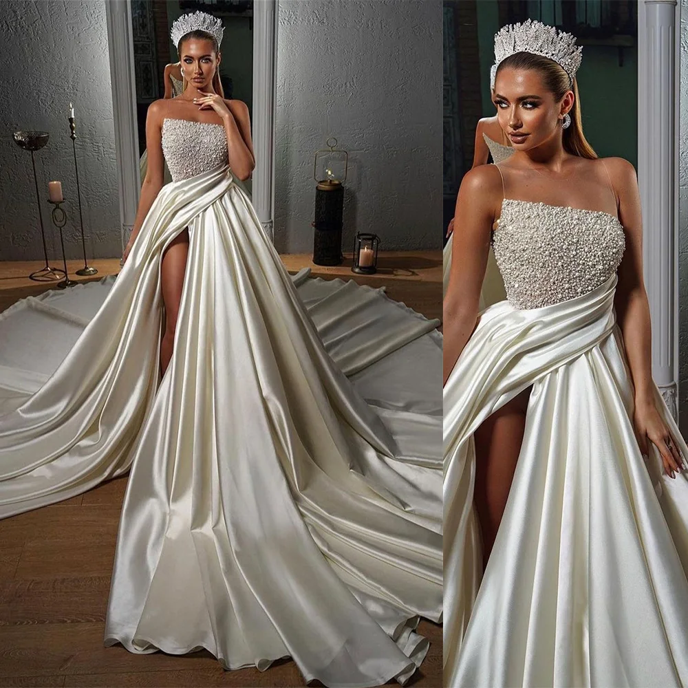 

Luxurious Stunning Beaded Satin A Line Wedding Dresses Side Slit Formal Bridal Grown Women Wear