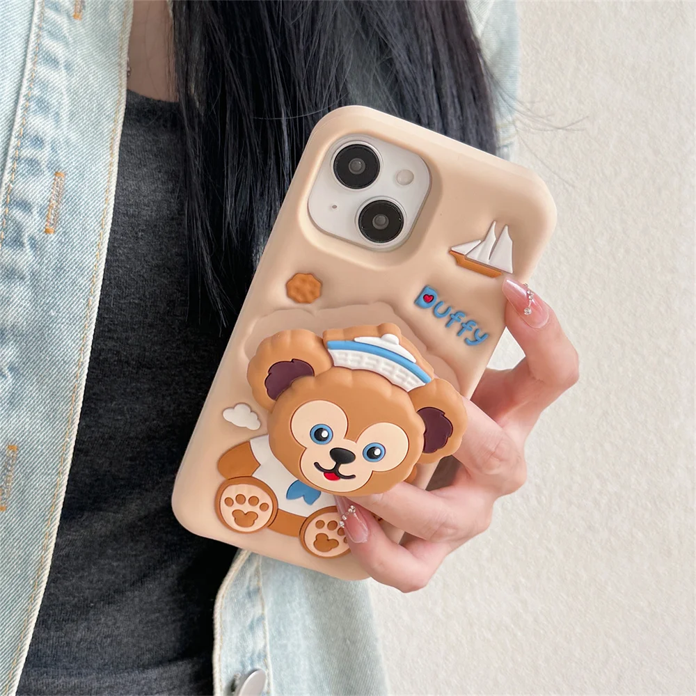 Фото Милый мультяшный чехол с медведем для iPhone 17, 16, 15 Plus, 14, 13, 12, 11, 16E, 17 Pro Max, с 3D-подставкой в виде Дэффи и Шерли Мэй №3