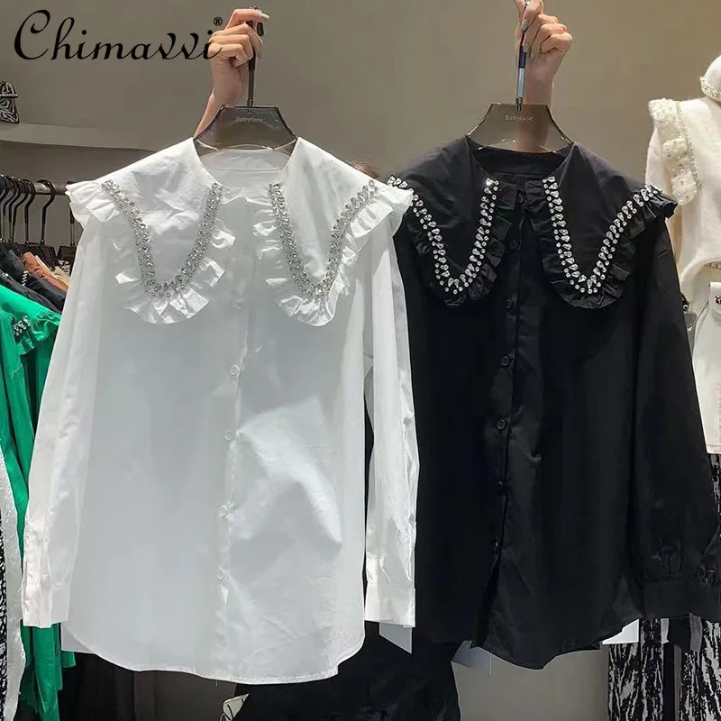 

All-matching New Fashion Elegant Peter Pan Collar Single Breasted Slimming Diamonds Blouse Sweet Long Sleeve Shirt for Women