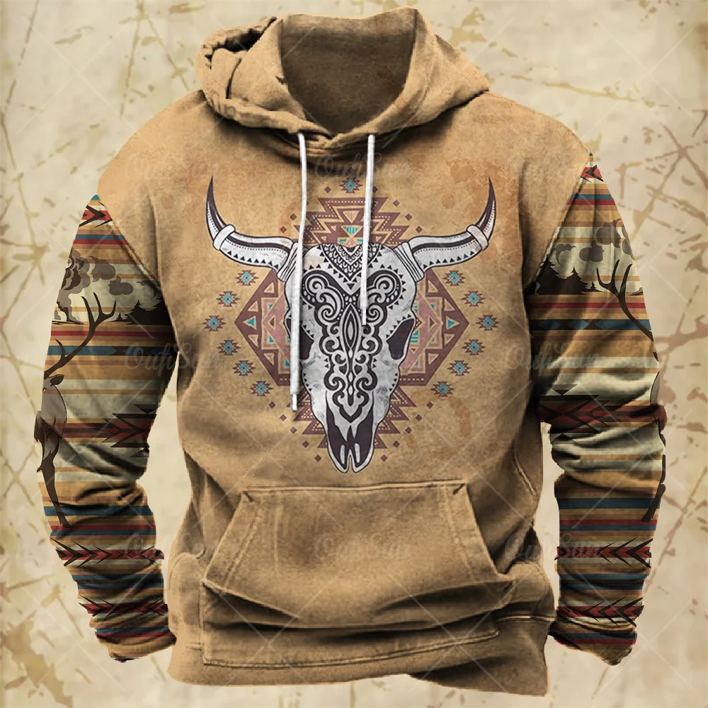 

Autumn Men's Hoodie Aztek Beef Skull Print Oversized Clothing Street Long Sleeved Vintage Hoodies For Men Fashion Sweatshirts