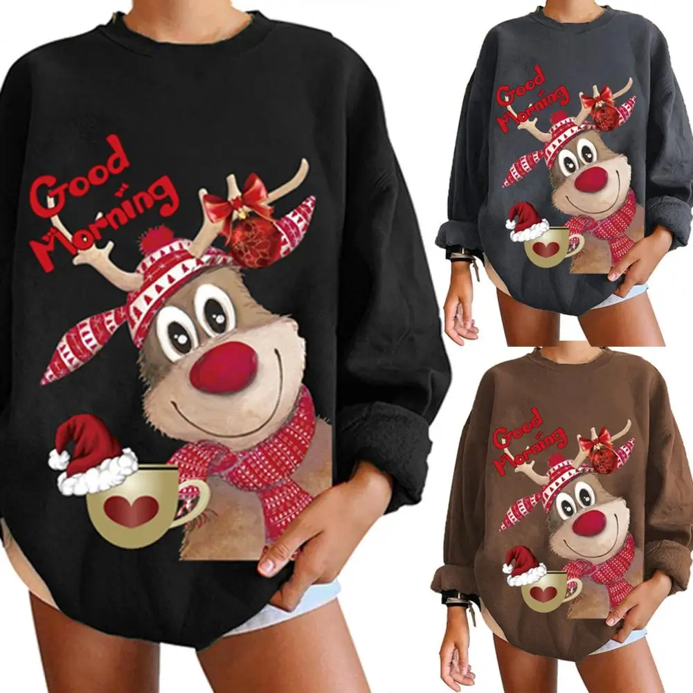 

Breathable Women Sweatshirt Soft O Neck Streetwear Christmas Hat Print Fleeces Sweatshirt