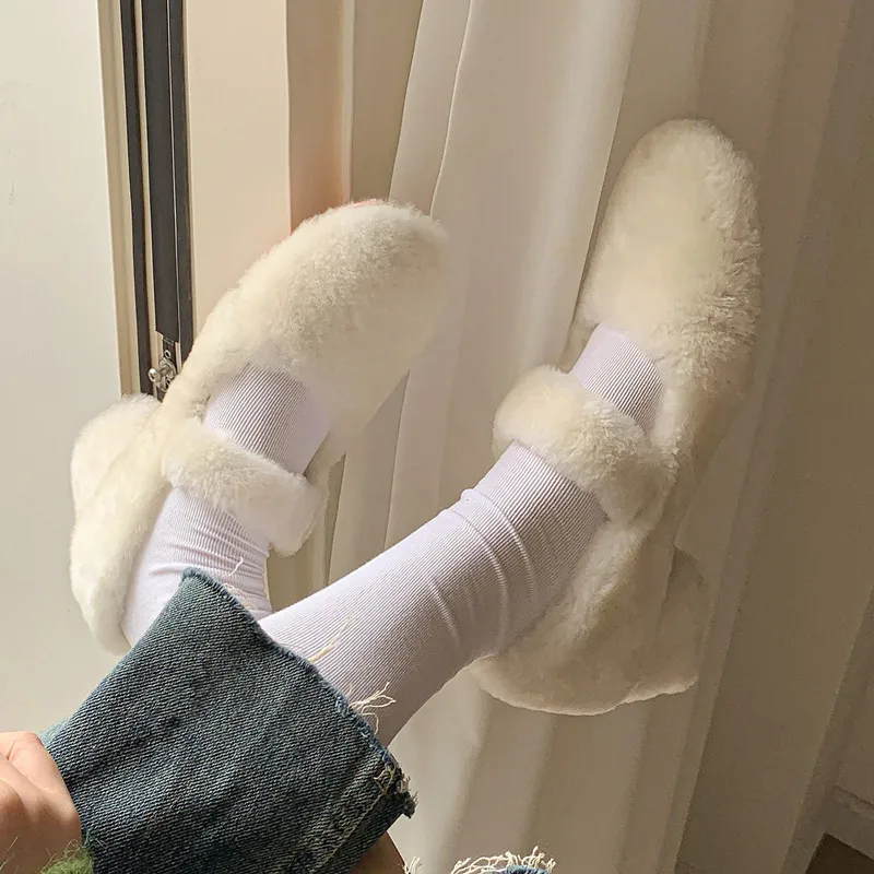 

Natural Warm Lamb Wool High Heels Designer Luxury Mary Janes Shoes Women's Fashion Platform Chunky Heels Buckle Pumps Zapatos