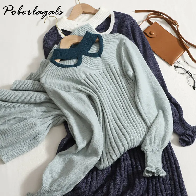

Women Temperament Hollowed-out Collar Ruffels Knit Dress Autumn New Waist Cashmere Sweater Bottom Fish Tail Dresses Winter Dress