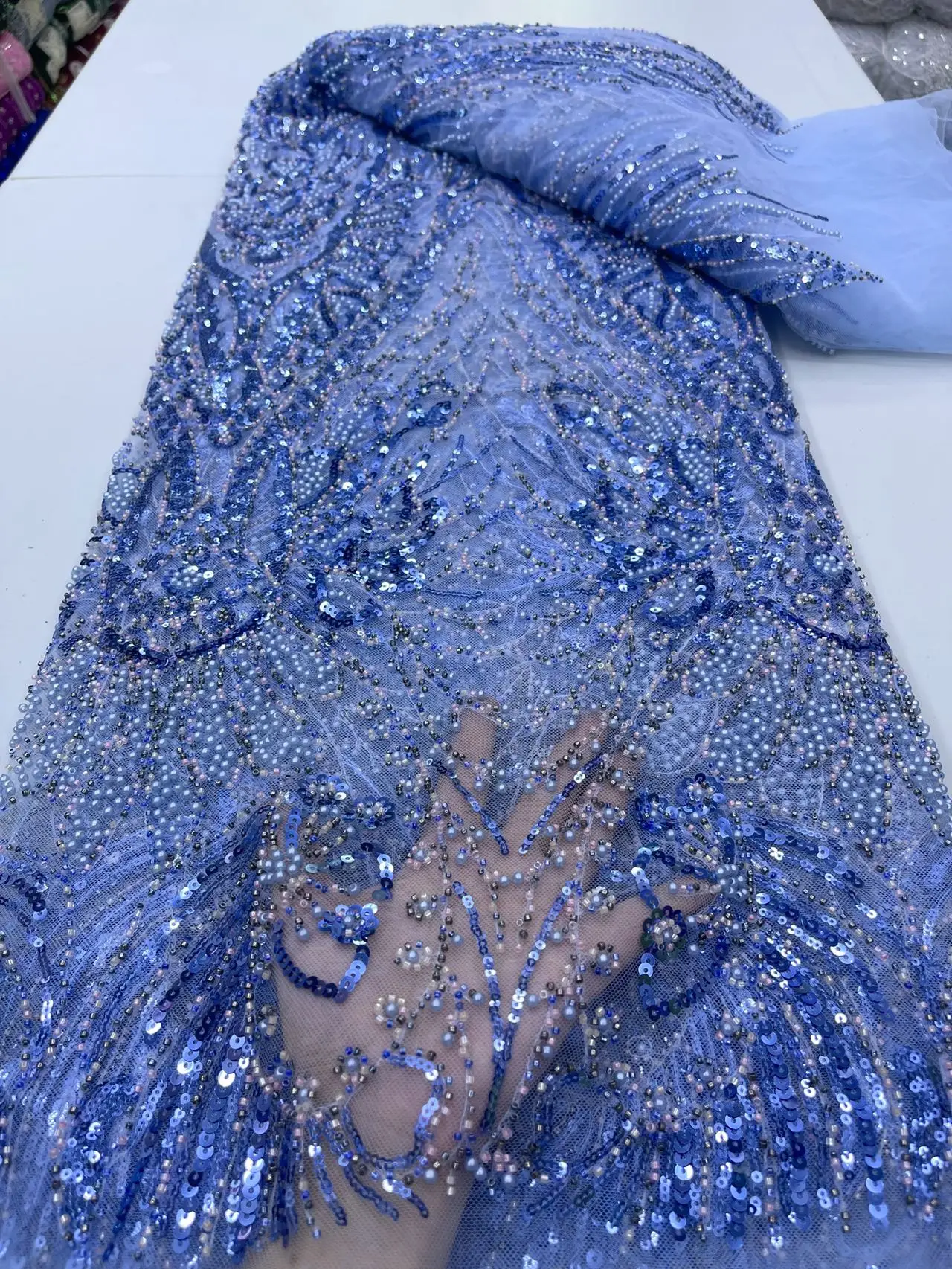Luxury African bluie 3D Sequin Beaded Groom Lace Fabric High Quality French tulle fabric Embroidered Nigerian lace