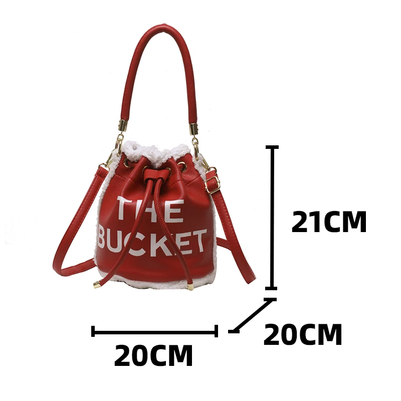 2023 Female Red Shoulder Bag Letter Print Chic Women's Furry Drawstring Handbags Small Pu Leather Lovers' Bucket Crossbody Bags