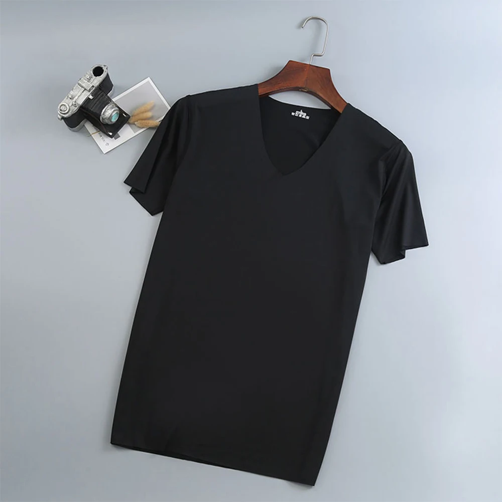 

Men Ice Silk Black T-Shirt Summer Gym Tops Short-sleeved Quick Drying Stretch Fabric Solid Color Tees Tops Breathable T Shirt