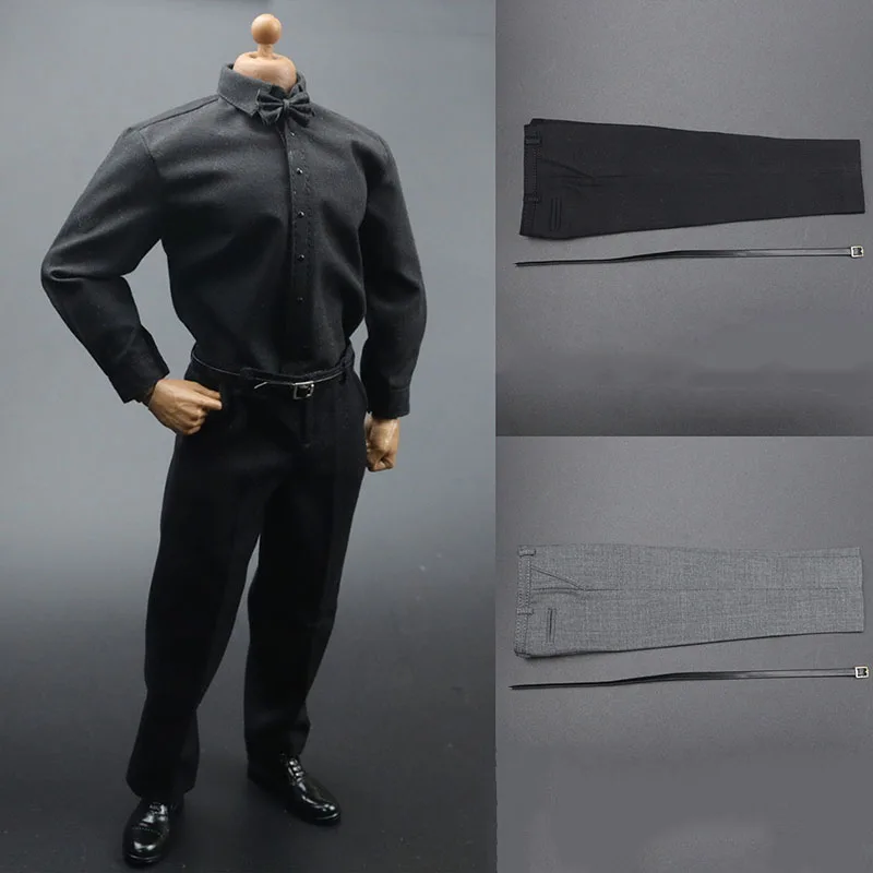

1/6 Male Soldier Blouse Business Formal Classic Long Sleeve Shirt Black Grey Pants Belt For 12" At027 Strong Action Figure Body
