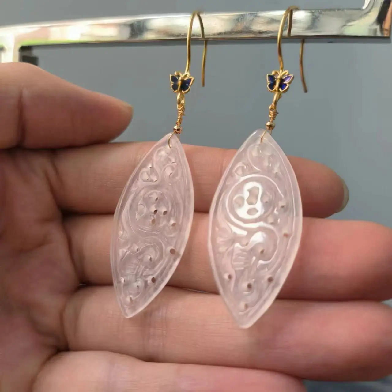 

1pcs/lot Natural White Jade Earrings Classical ethnic style hollow vine cloisonne S925 silver Female folk-custom accessories