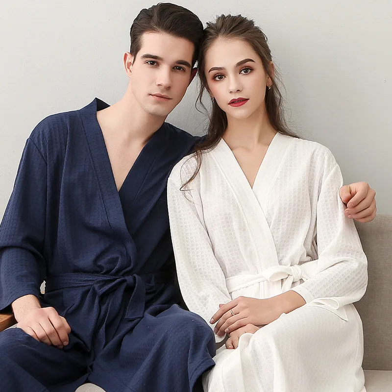 Spring and Summer Robes, Thin Waffle Couples' Bathrobes, Men and Women's Summer Three-Quarter Sleeve,Absorb Water