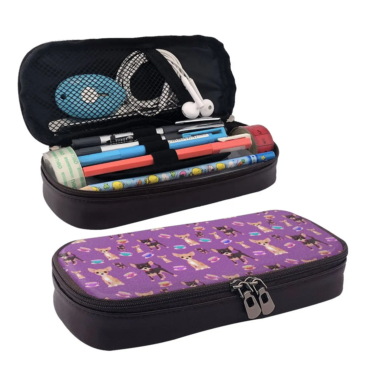 

Purple Dogs Leather Pencil Case Zipper Pencil Box Stationery Pen Pouch for Boys Girls School Students Work Office