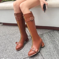 plus size solid color belt buckle 2022 autumn new rider boots thick heel zipper short plush lining womens knee high boots