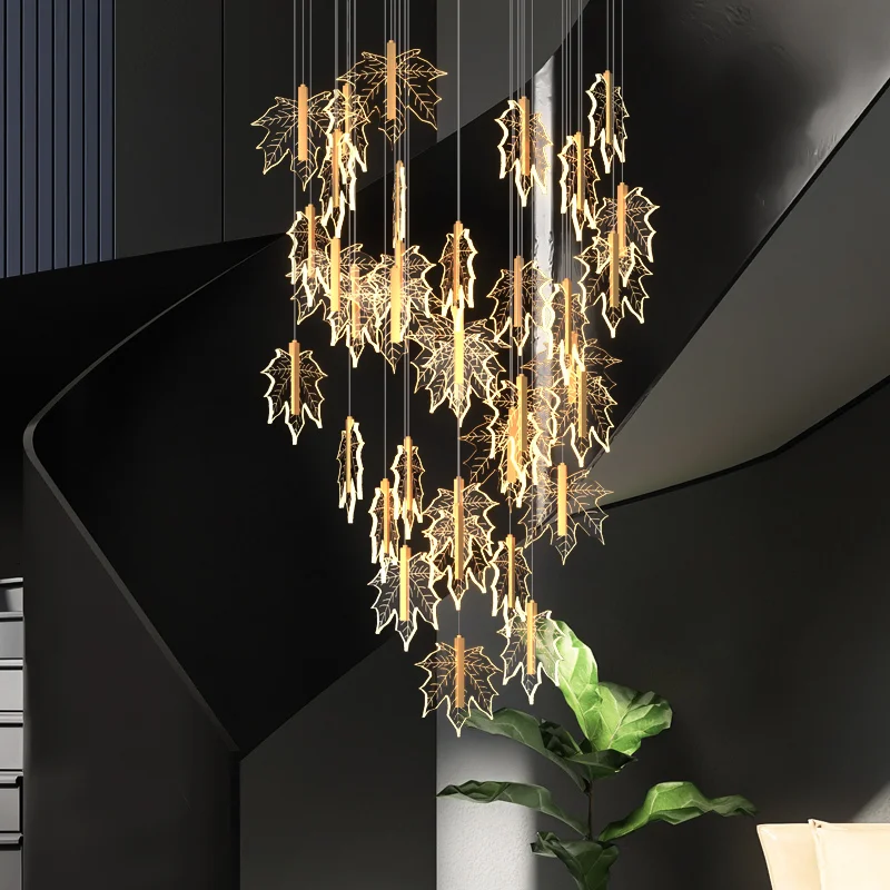 

LED Pendant Lights staircase Chandelier simple Nordic decorative lamps restaurant art duplex building empty hall maple leaf