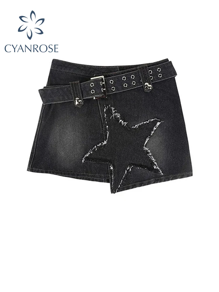 

Summer Korean Style Women's Gothic Black Denim Star Skirt Women A-line Harajuku Elegant Y2k Mini Skirt Female Denim Skirt 2023