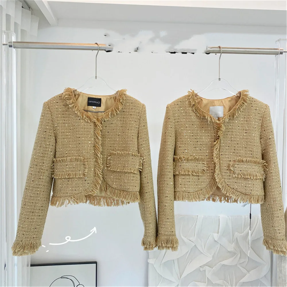 

New Fashion Korean Chic Vintage Tweed Woolen Jacket Coat Women Winter Plaid Tassel Office Lady Sequined Outwear