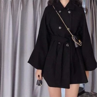 womens wool blended coat casual autumn and winter style black belt slim 2021 double breasted lapel warm elegant jacket women